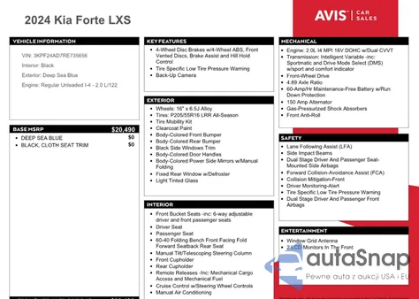 2024 Kia Forte Lx из США, поврежденный, VIN 3KPF24AD7RE735656